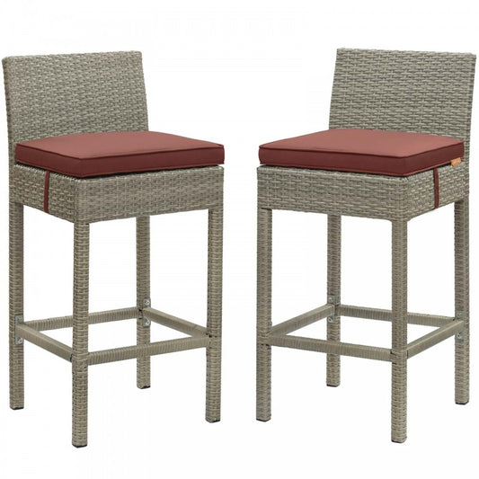 Conduit Bar Stool Outdoor Patio Wicker Rattan Set of 2, Light Gray Currant