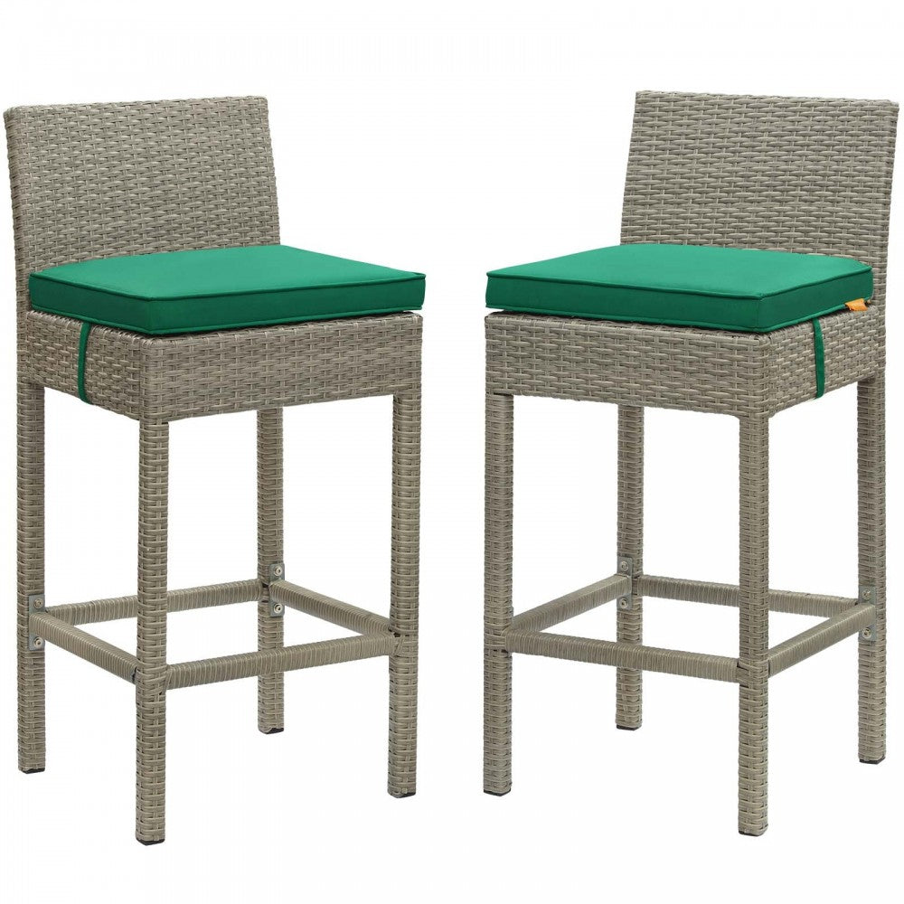 Conduit Bar Stool Outdoor Patio Wicker Rattan Set of 2, Light Gray Green