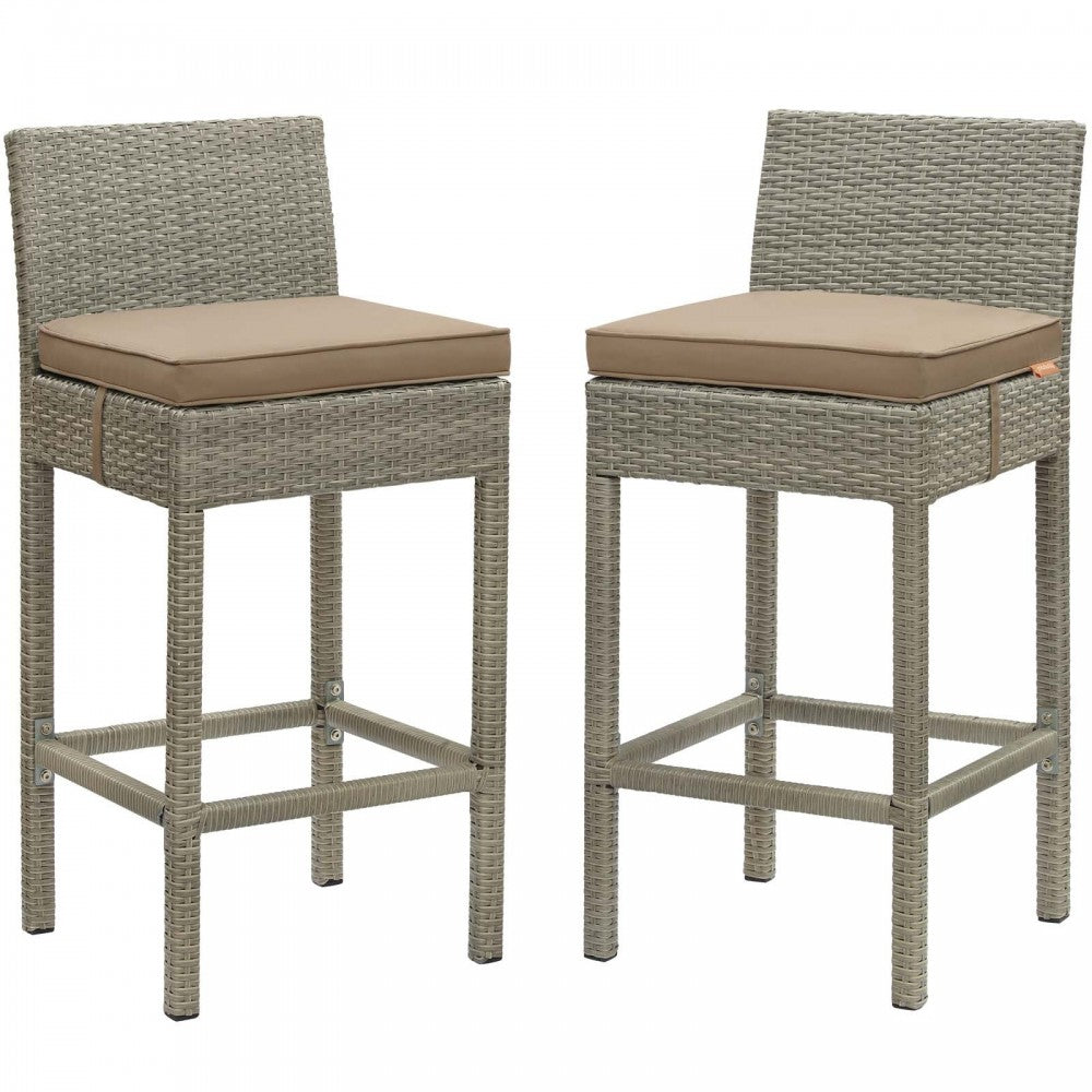 Conduit Bar Stool Outdoor Patio Wicker Rattan Set of 2, Light Gray Mocha