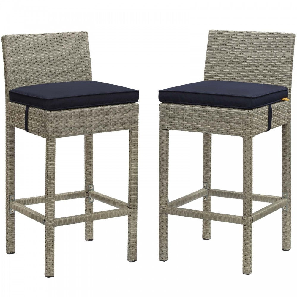 Conduit Bar Stool Outdoor Patio Wicker Rattan Set of 2, Light Gray Navy
