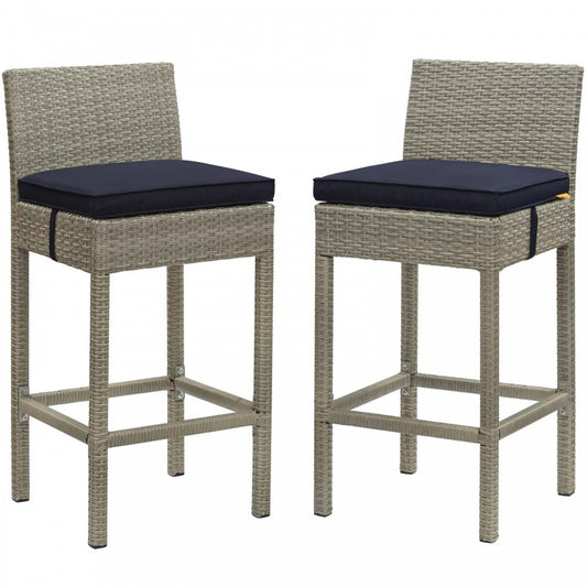Conduit Bar Stool Outdoor Patio Wicker Rattan Set of 2, Light Gray Navy