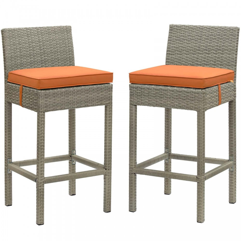 Conduit Bar Stool Outdoor Patio Wicker Rattan Set of 2, Light Gray Orange