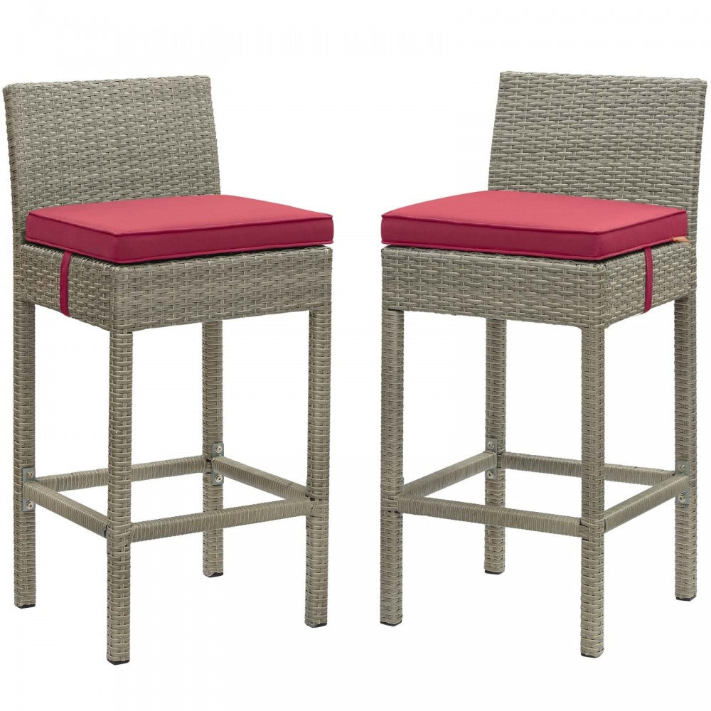 Conduit Bar Stool Outdoor Patio Wicker Rattan Set of 2, Light Gray Red