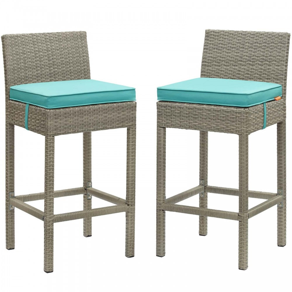 Conduit Bar Stool Outdoor Patio Wicker Rattan Set of 2, Light Gray Turquoise