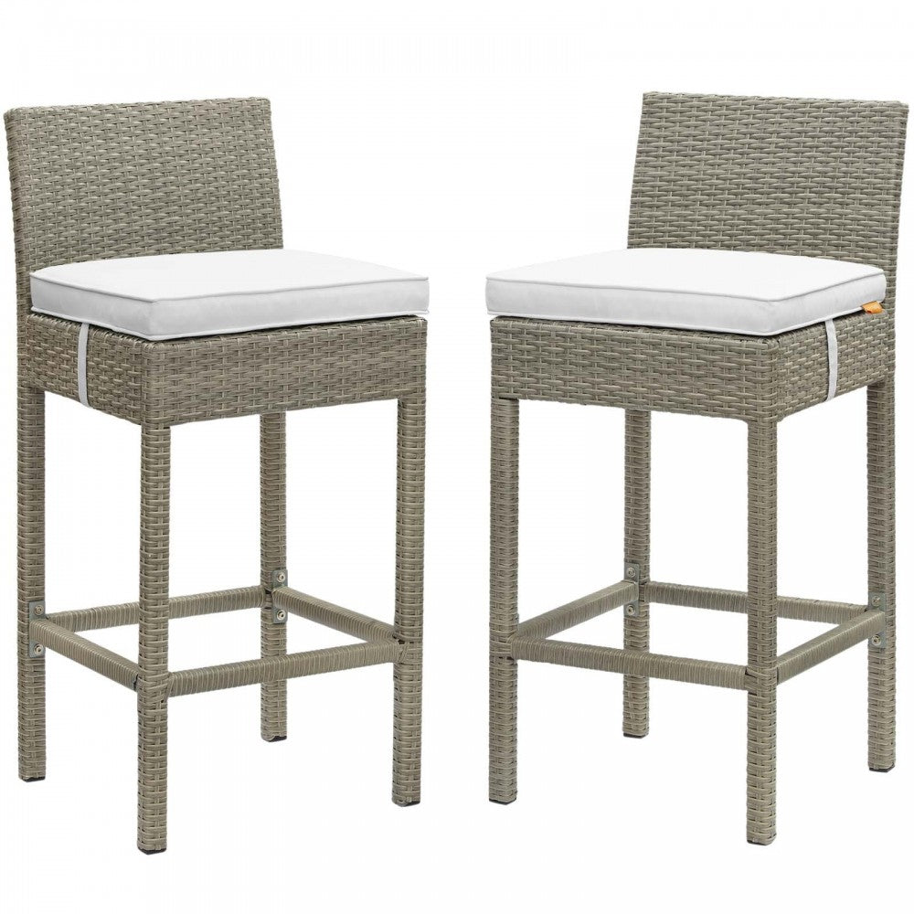 Conduit Bar Stool Outdoor Patio Wicker Rattan Set of 2, Light Gray White