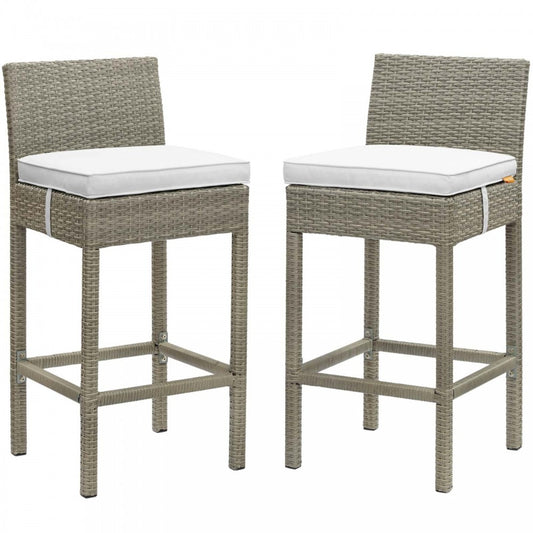 Conduit Bar Stool Outdoor Patio Wicker Rattan Set of 2, Light Gray White