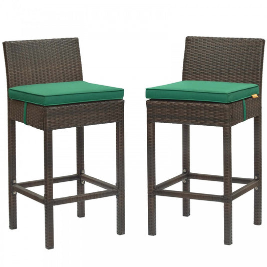 Conduit Bar Stool Outdoor Patio Wicker Rattan Set of 2, Brown Green