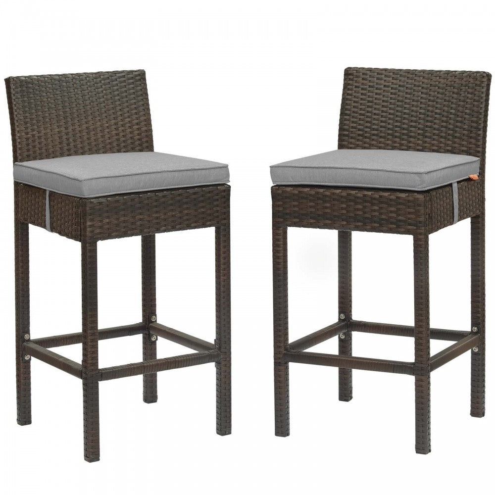 Conduit Bar Stool Outdoor Patio Wicker Rattan Set of 2, Brown Gray