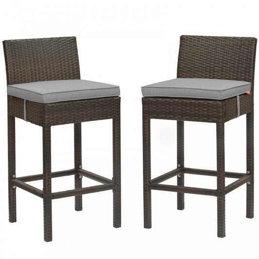 Conduit Bar Stool Outdoor Patio Wicker Rattan Set of 2, Brown Gray
