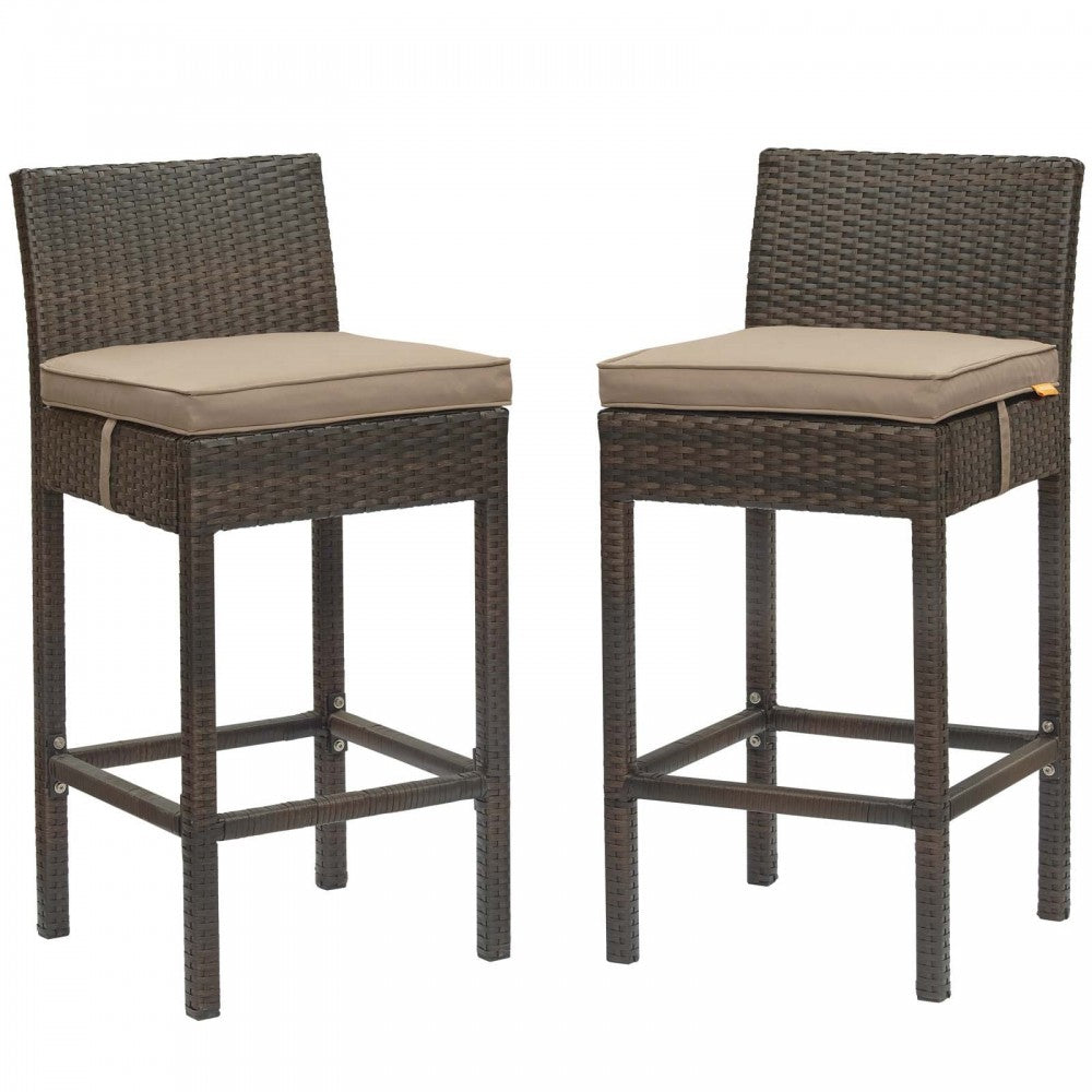 Conduit Bar Stool Outdoor Patio Wicker Rattan Set of 2, Brown Mocha