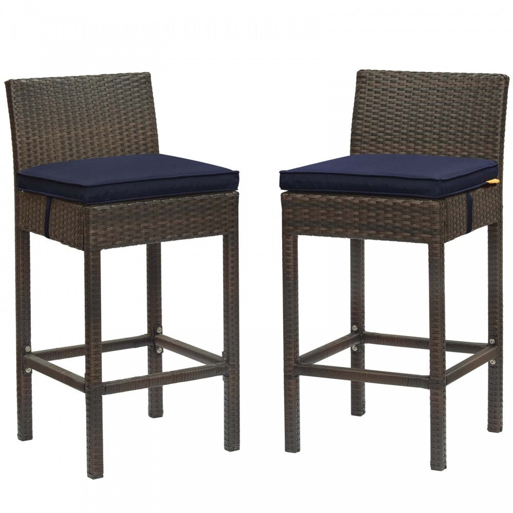 Conduit Bar Stool Outdoor Patio Wicker Rattan Set of 2, Brown Navy
