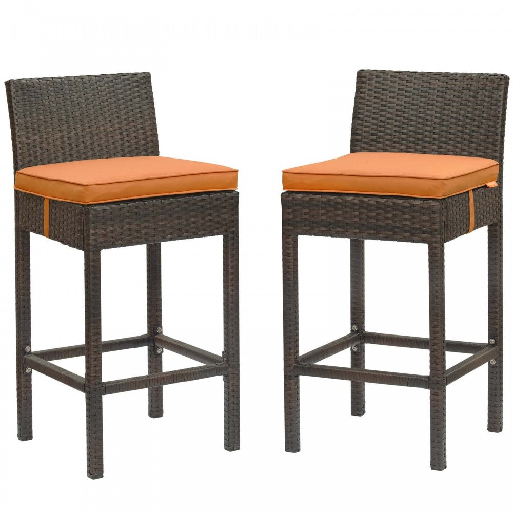 Conduit Bar Stool Outdoor Patio Wicker Rattan Set of 2, Brown Orange