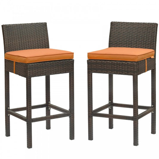 Conduit Bar Stool Outdoor Patio Wicker Rattan Set of 2, Brown Orange