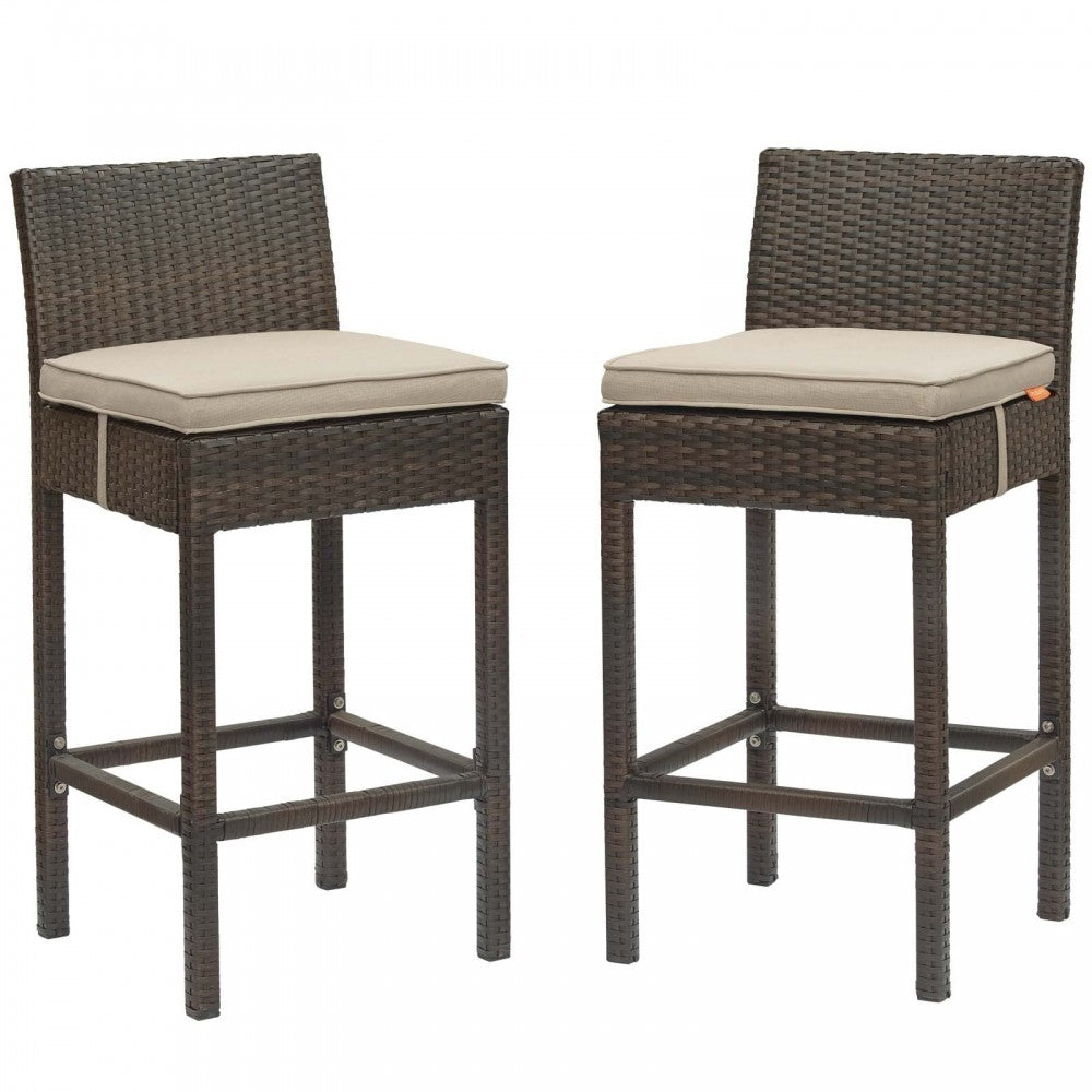 Conduit Bar Stool Outdoor Patio Wicker Rattan Set of 2, Brown Beige