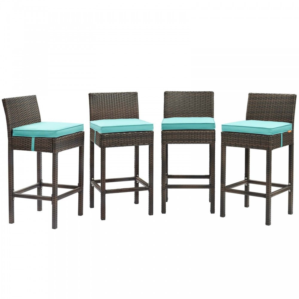 Conduit Bar Stool Outdoor Patio Wicker Rattan Set of 4, Brown Turquoise
