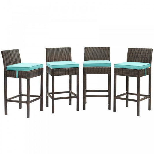 Conduit Bar Stool Outdoor Patio Wicker Rattan Set of 4, Brown Turquoise