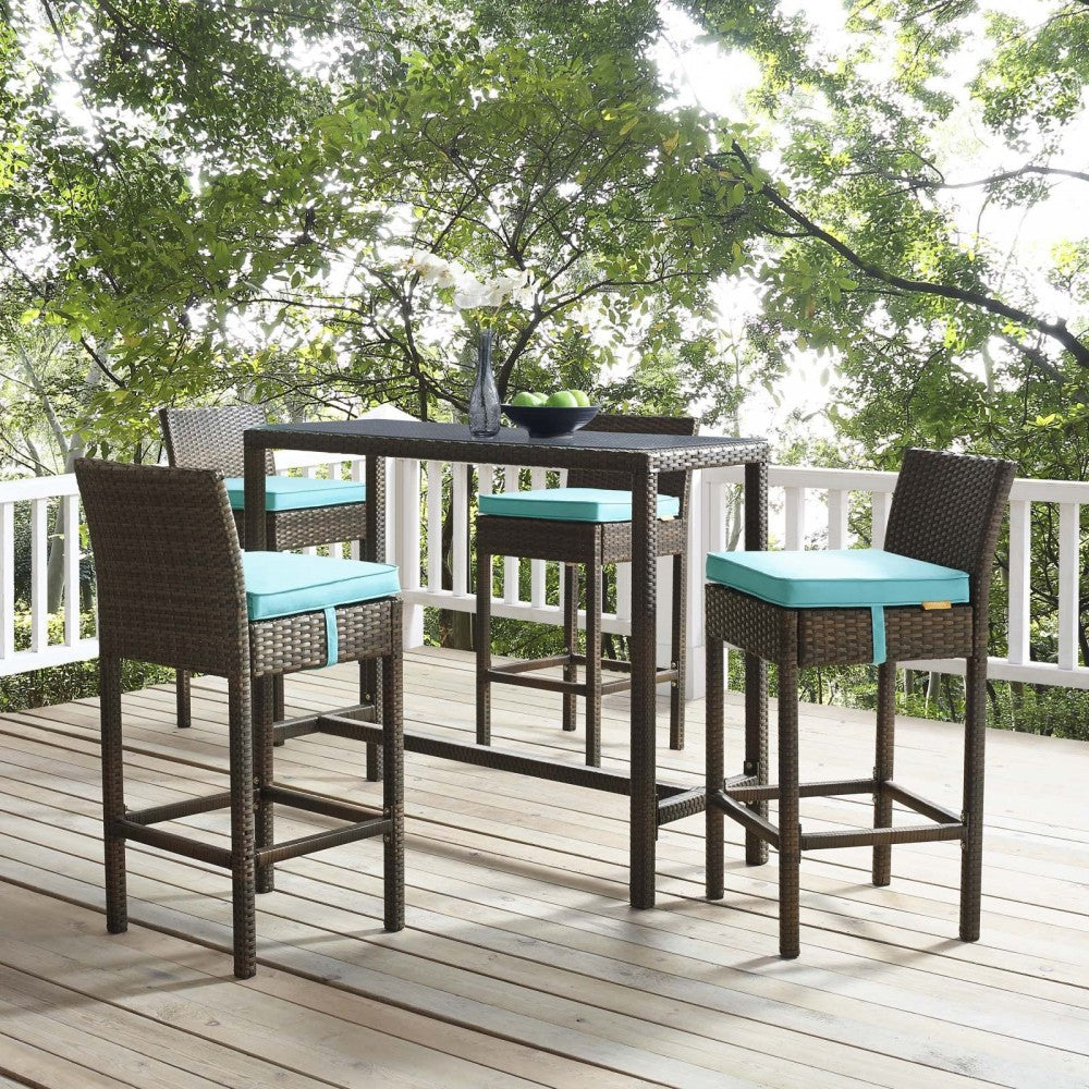 Conduit Bar Stool Outdoor Patio Wicker Rattan Set of 4, Brown Turquoise