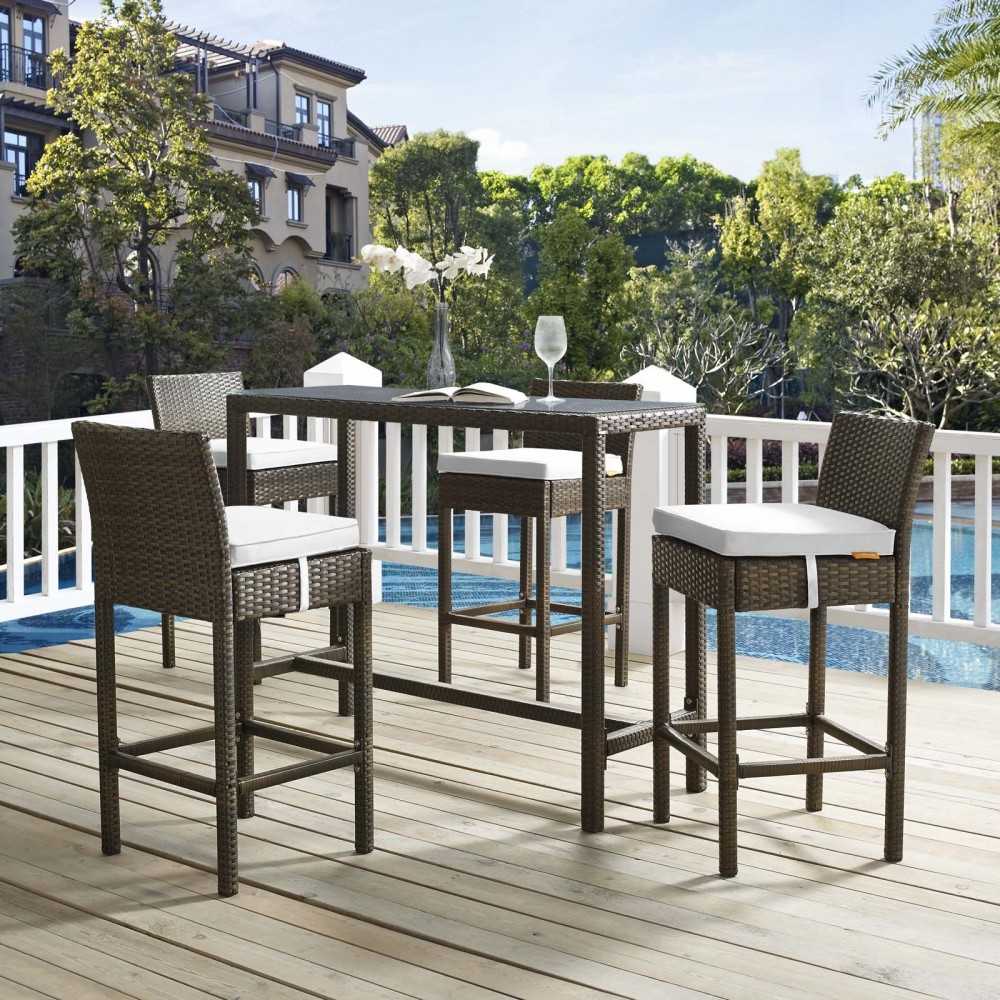 Conduit Bar Stool Outdoor Patio Wicker Rattan Set of 4, Brown White
