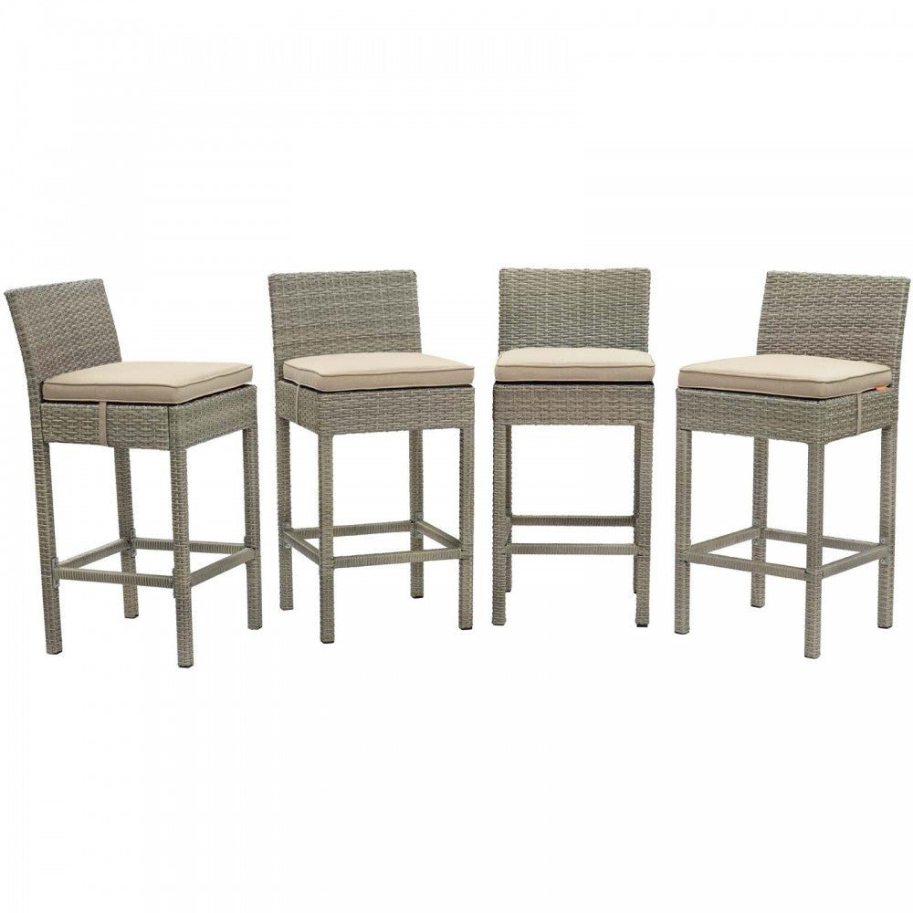 Conduit Bar Stool Outdoor Patio Wicker Rattan Set of 4, Light Gray Beige