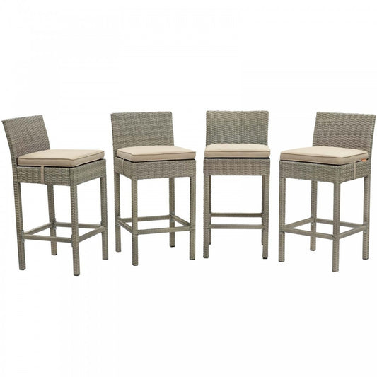 Conduit Bar Stool Outdoor Patio Wicker Rattan Set of 4, Light Gray Beige