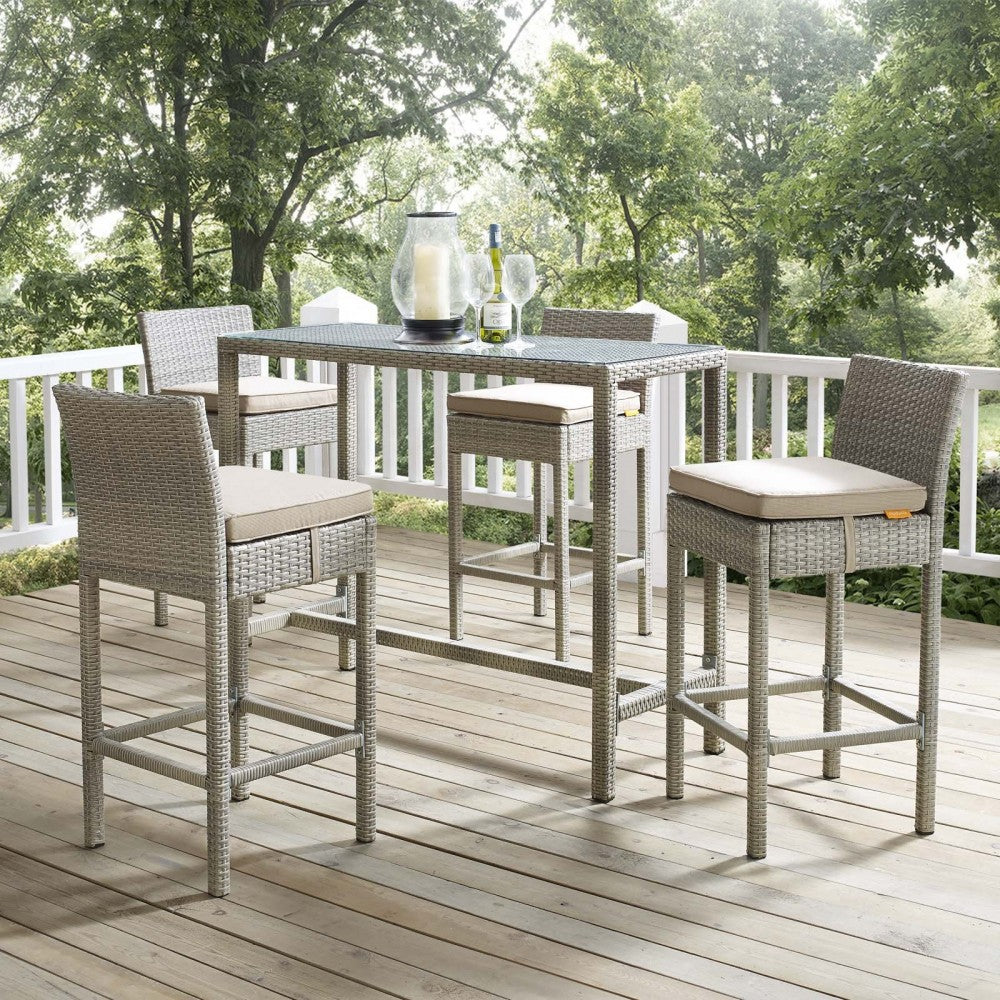 Conduit Bar Stool Outdoor Patio Wicker Rattan Set of 4, Light Gray Beige