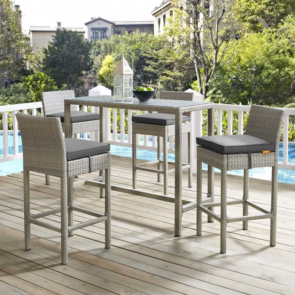 Conduit Bar Stool Outdoor Patio Wicker Rattan Set of 4, Light Gray Charcoal