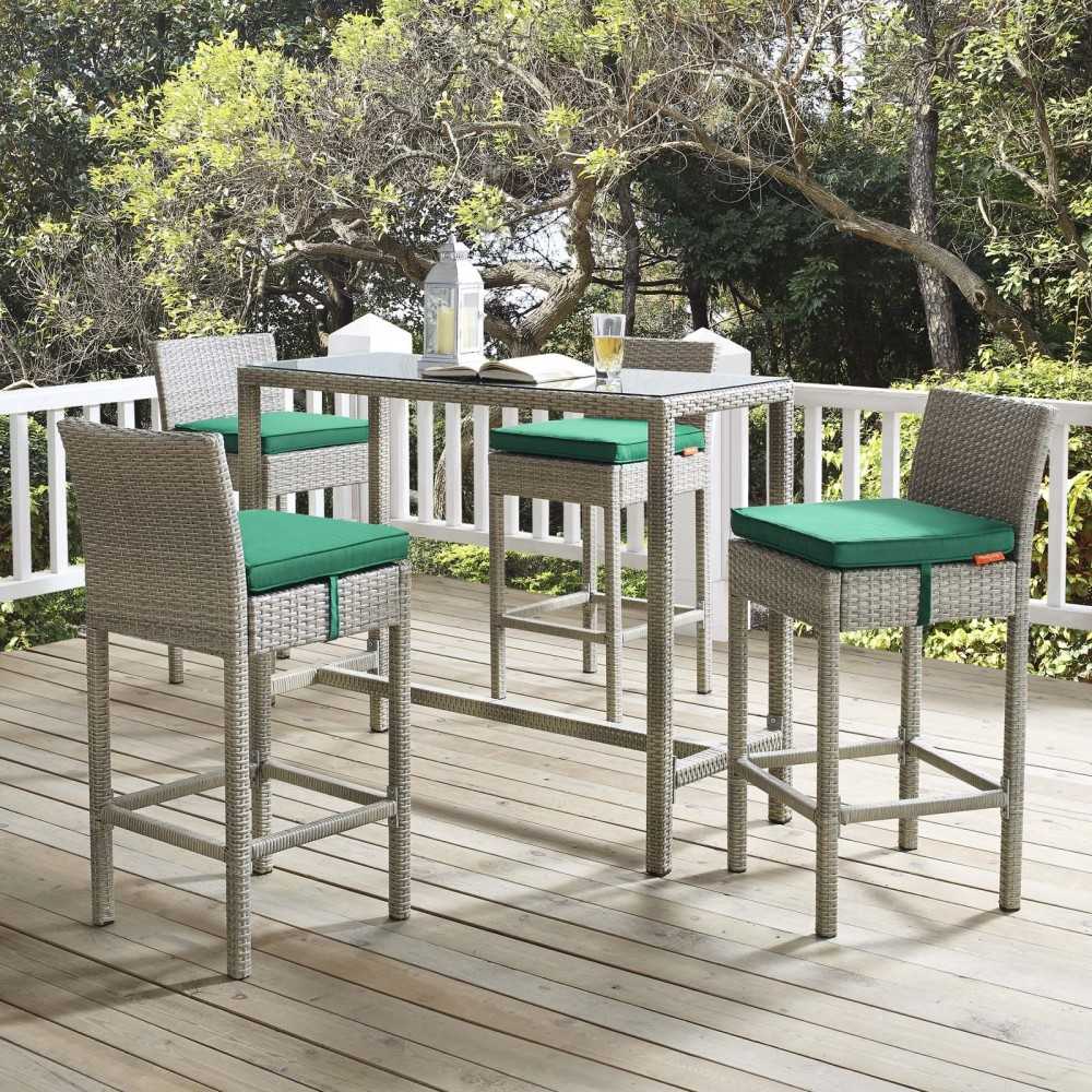 Conduit Bar Stool Outdoor Patio Wicker Rattan Set of 4, Light Gray Green