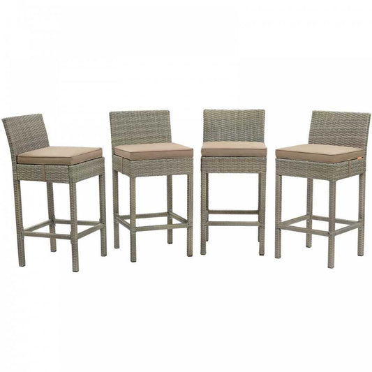 Conduit Bar Stool Outdoor Patio Wicker Rattan Set of 4, Light Gray Mocha
