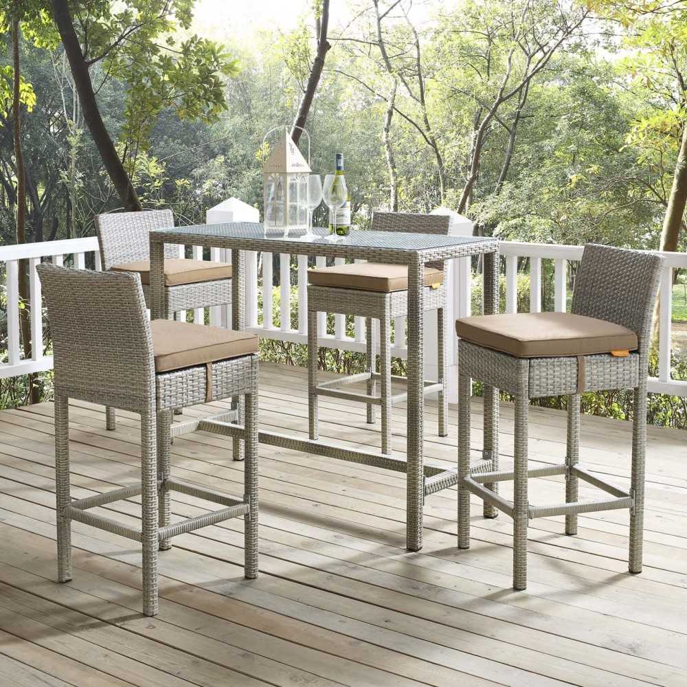 Conduit Bar Stool Outdoor Patio Wicker Rattan Set of 4, Light Gray Mocha