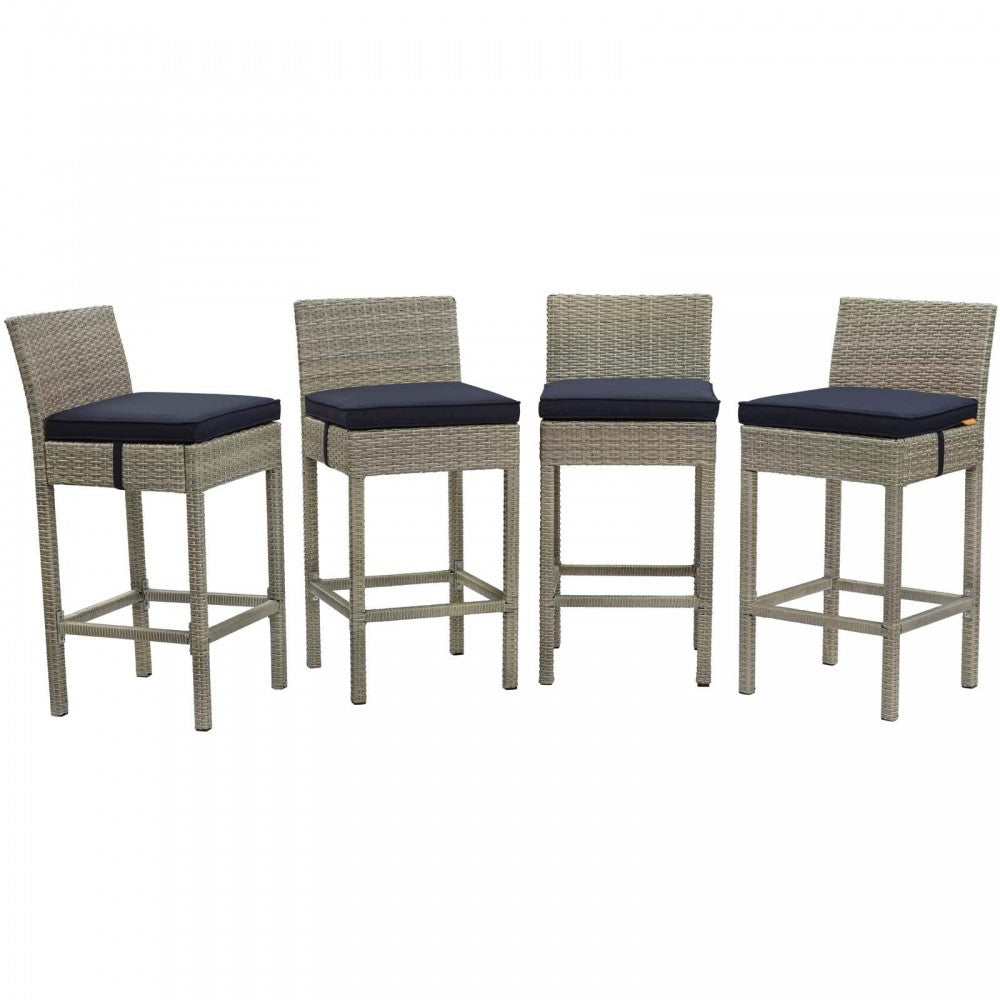 Conduit Bar Stool Outdoor Patio Wicker Rattan Set of 4, Light Gray Navy