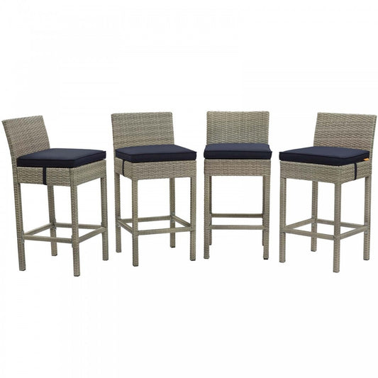 Conduit Bar Stool Outdoor Patio Wicker Rattan Set of 4, Light Gray Navy