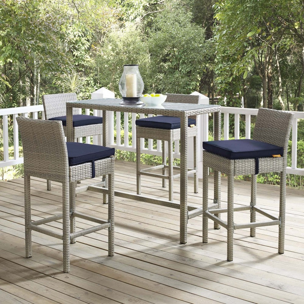 Conduit Bar Stool Outdoor Patio Wicker Rattan Set of 4, Light Gray Navy