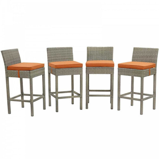 Conduit Bar Stool Outdoor Patio Wicker Rattan Set of 4, Light Gray Orange