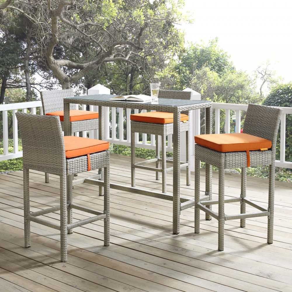 Conduit Bar Stool Outdoor Patio Wicker Rattan Set of 4, Light Gray Orange
