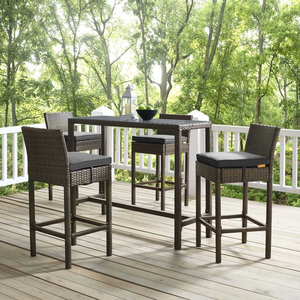 Conduit Bar Stool Outdoor Patio Wicker Rattan Set of 4, Brown Charcoal