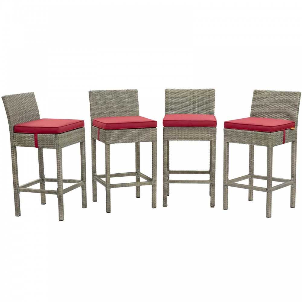 Conduit Bar Stool Outdoor Patio Wicker Rattan Set of 4, Light Gray Red