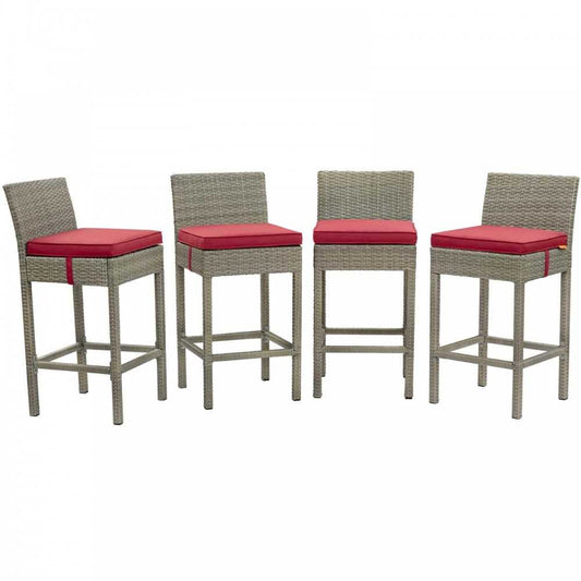Conduit Bar Stool Outdoor Patio Wicker Rattan Set of 4, Light Gray Red