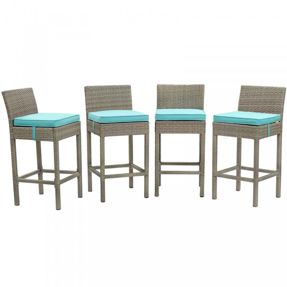Conduit Bar Stool Outdoor Patio Wicker Rattan Set of 4, Light Gray Turquoise