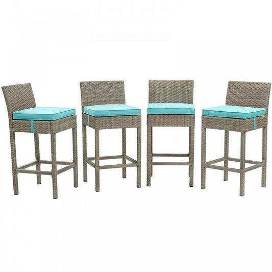Conduit Bar Stool Outdoor Patio Wicker Rattan Set of 4, Light Gray Turquoise