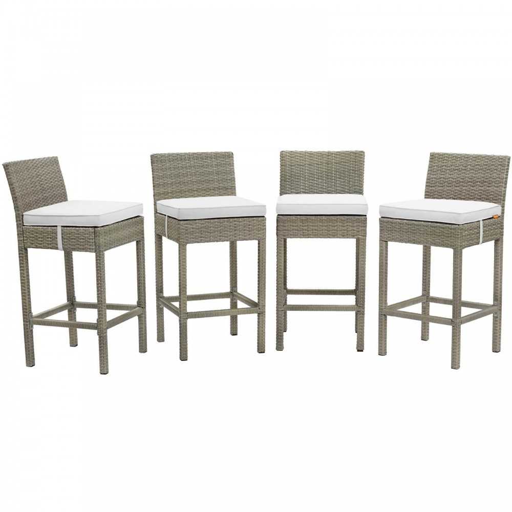 Conduit Bar Stool Outdoor Patio Wicker Rattan Set of 4, Light Gray White