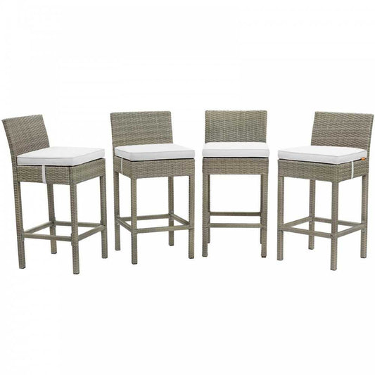 Conduit Bar Stool Outdoor Patio Wicker Rattan Set of 4, Light Gray White