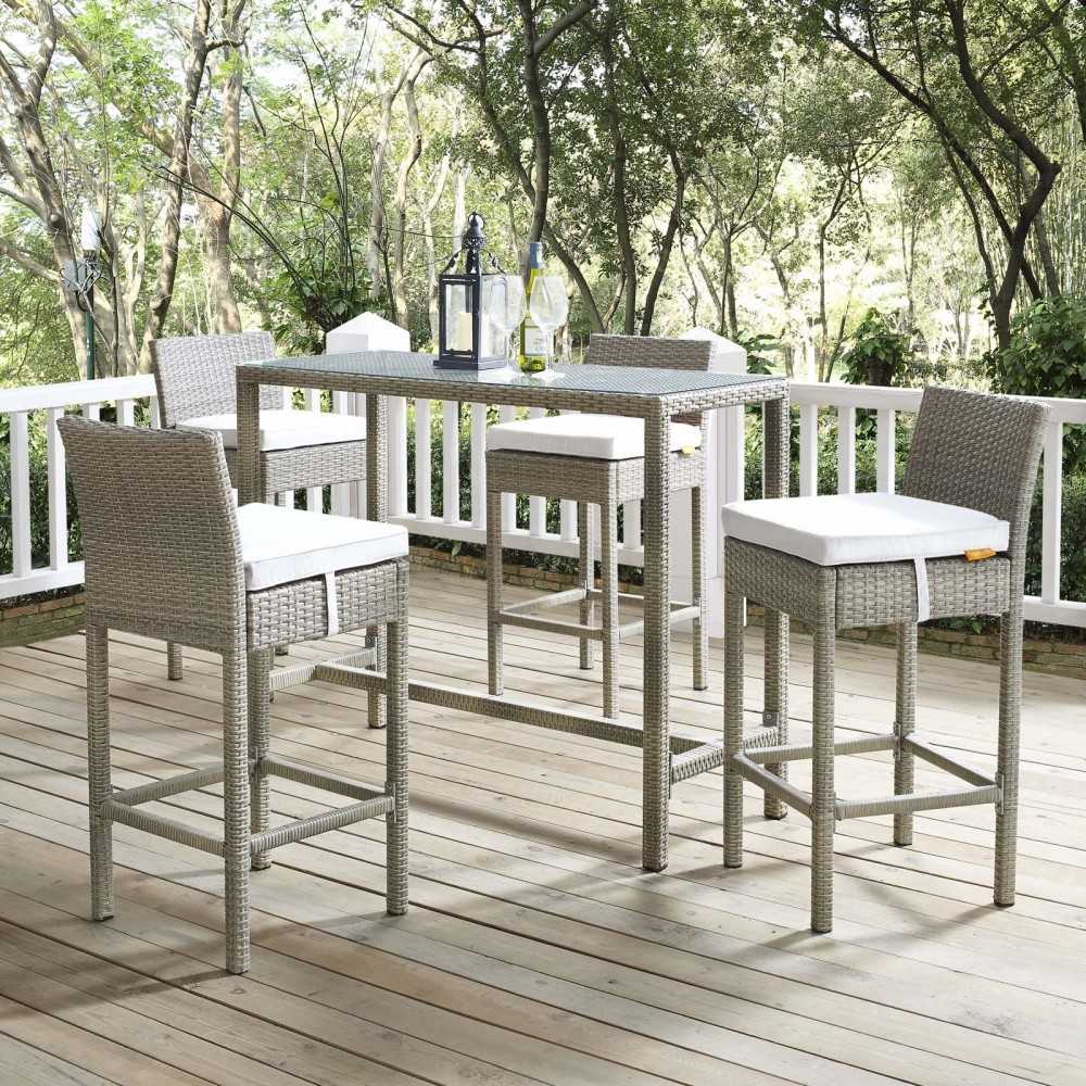 Conduit Bar Stool Outdoor Patio Wicker Rattan Set of 4, Light Gray White