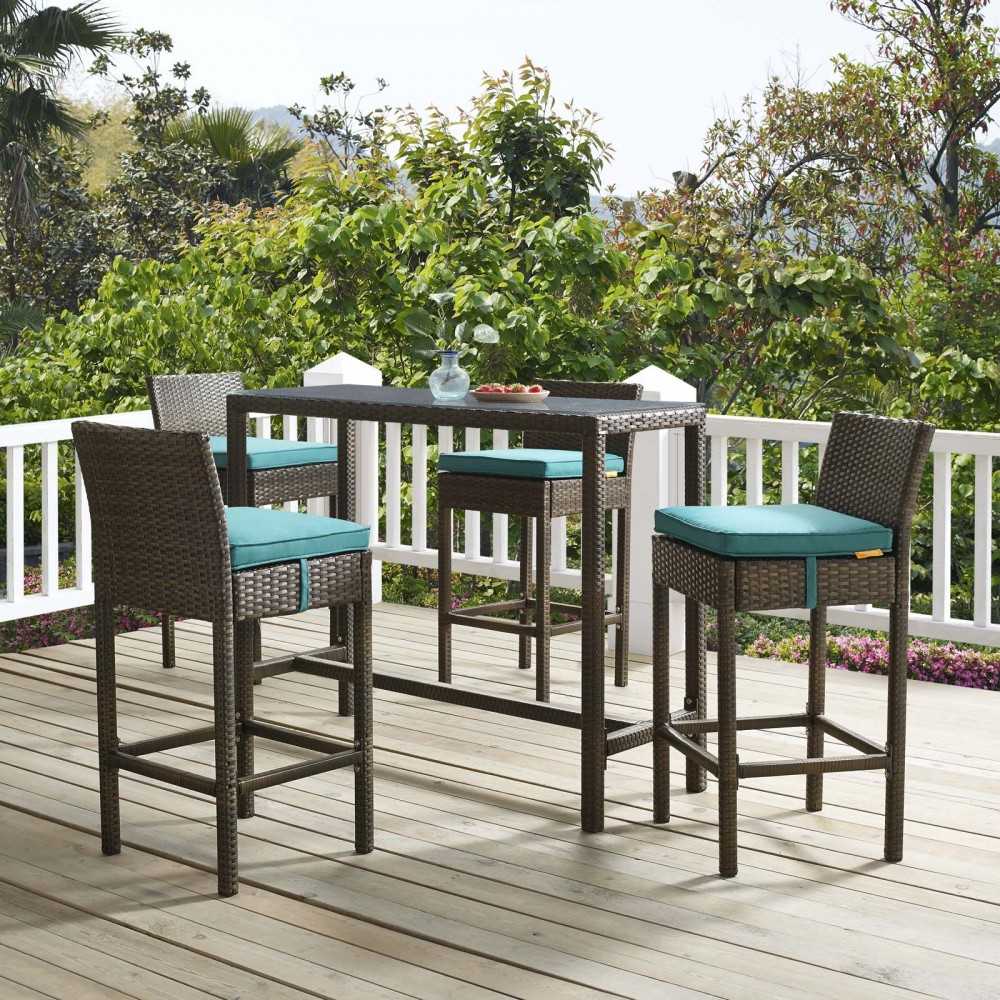 Conduit Bar Stool Outdoor Patio Wicker Rattan Set of 4, Brown Green