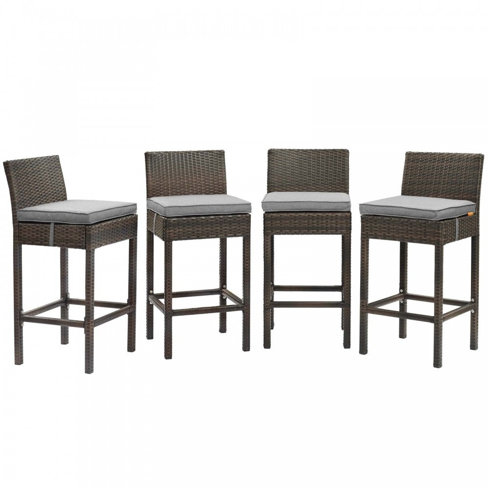 Conduit Bar Stool Outdoor Patio Wicker Rattan Set of 4, Brown Gray