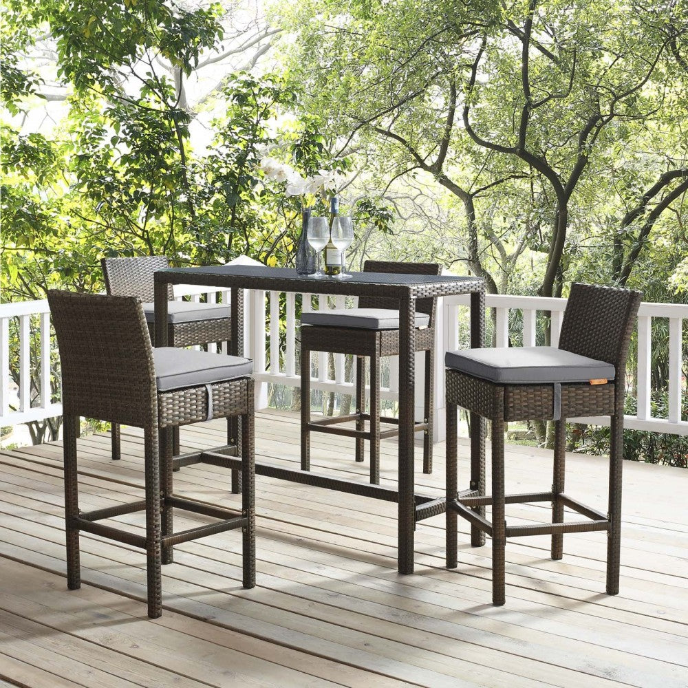 Conduit Bar Stool Outdoor Patio Wicker Rattan Set of 4, Brown Gray