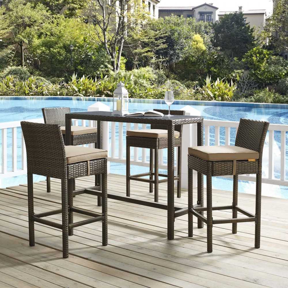 Conduit Bar Stool Outdoor Patio Wicker Rattan Set of 4, Brown Mocha