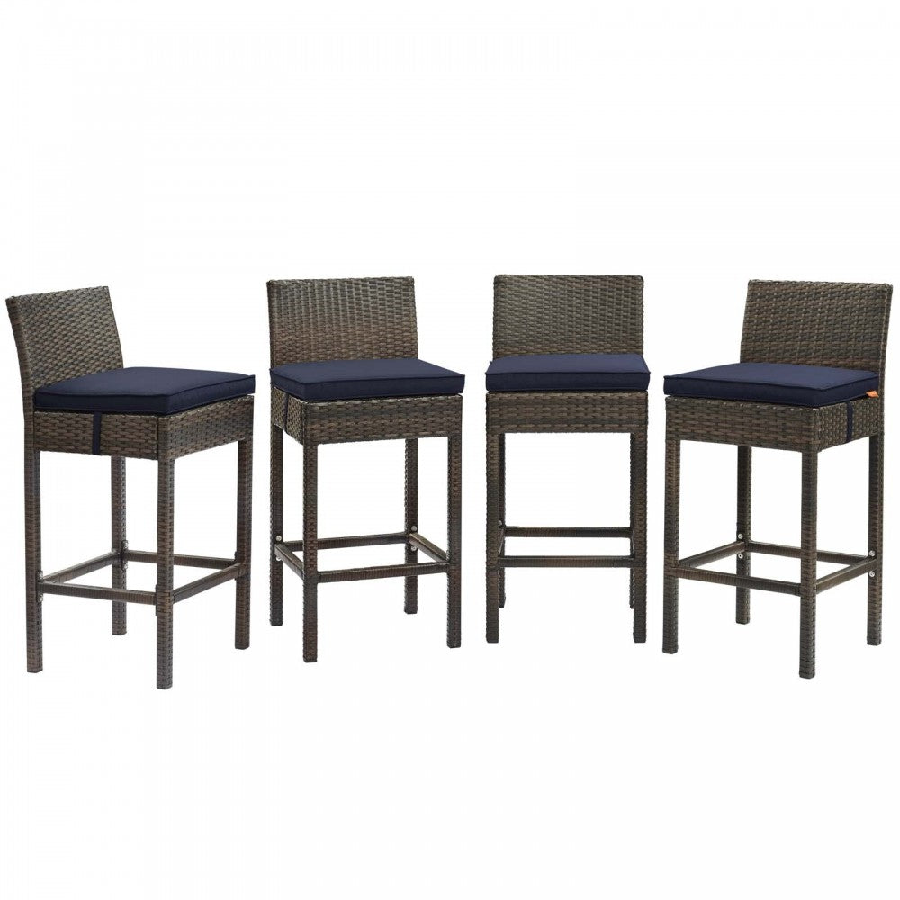 Conduit Bar Stool Outdoor Patio Wicker Rattan Set of 4, Brown Navy