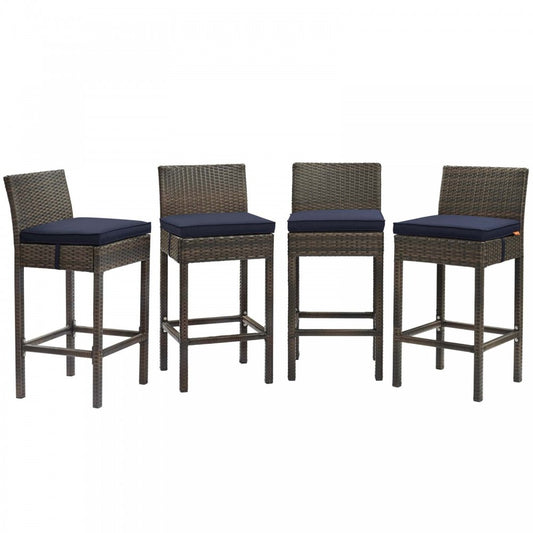Conduit Bar Stool Outdoor Patio Wicker Rattan Set of 4, Brown Navy