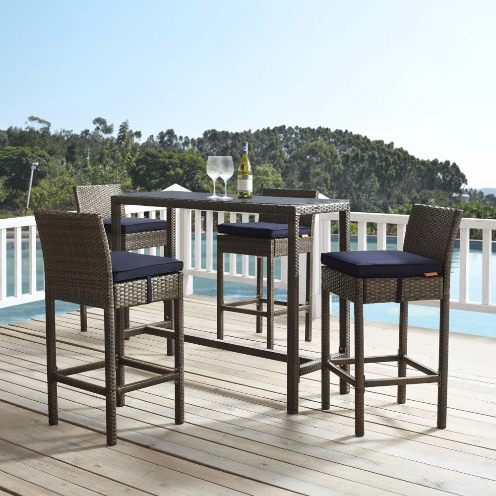 Conduit Bar Stool Outdoor Patio Wicker Rattan Set of 4, Brown Navy