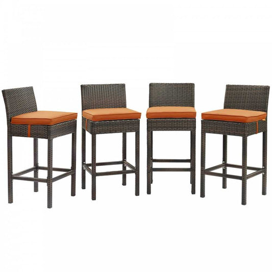 Conduit Bar Stool Outdoor Patio Wicker Rattan Set of 4, Brown Orange